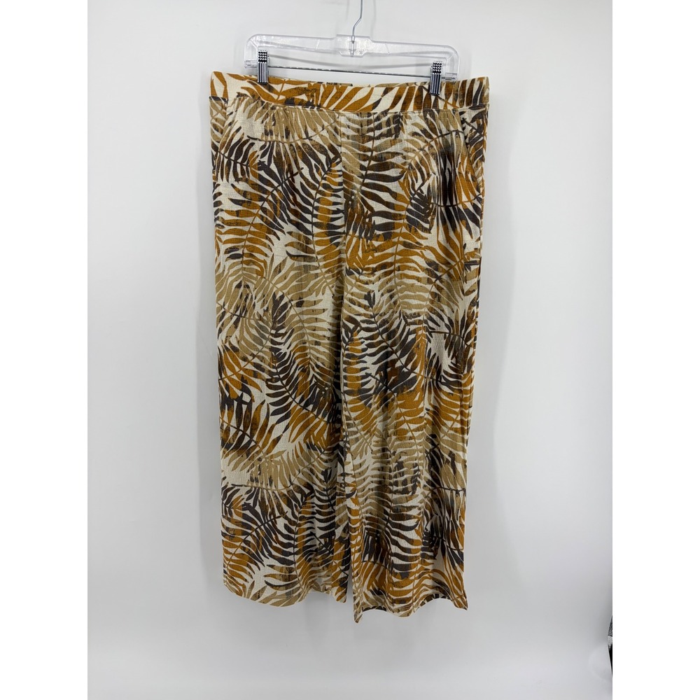 Denim & Co. Beach Womens Large Tan Brown Palm Print Wide Leg Linen‎ Blend Pants